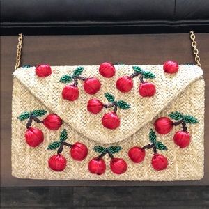 Adorable cherry straw clutch with gold chain